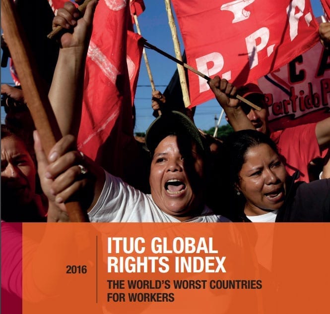 global rights index, worker rights, strikes, collective bargaining, unions, freedom of speech, Solidarity Center, ITUC