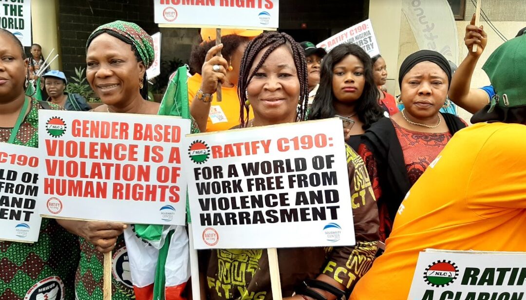 Nigeria's National Labor Congress women rally for ratification of C190 in March 2020 to mark International Women's Day.