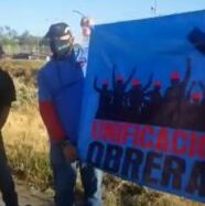 Photo captured from a video recorded outside a General Motors plant in Silao. Mexico, of autoworkers protesting violence against union organizers.